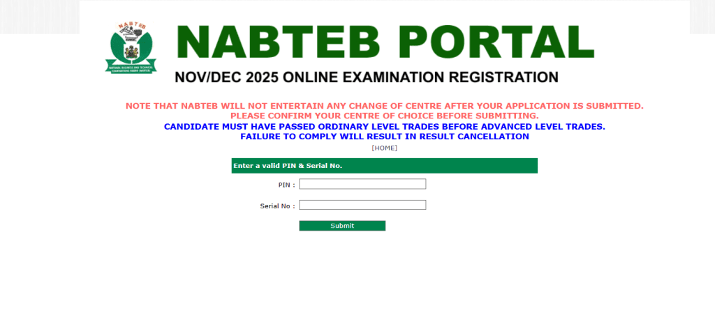 Screenshoot showing NABTEB Registration Portal...